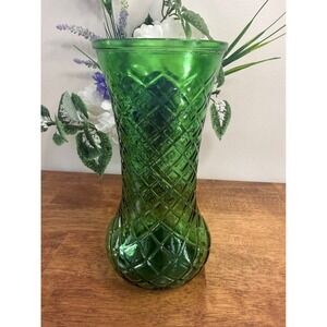 Vintage Hoosier Glass 4081 Green Diamond Vase‎ Tall Textured MCM Style Decor